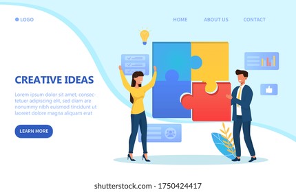 Creative Process and teamwork concept through collaboration and cooperation with business colleagues piecing together a jigsaw puzzle, colored vector illustration
