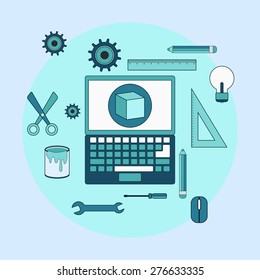 Creative process thin line art style vector concept. Web design elements collection.