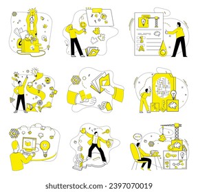 Creative process vector illustration. Creative actions birth solutions, woven from fabric nonstandard ideas Intelligence and intellect shape contours evolving creative process Development and change