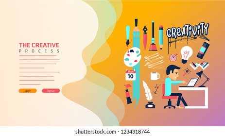 Creative process. Vector illustration concepts for business plan, startup, design process, product development, creativity and innovation. Easy editable web page template for Your design. New idea.