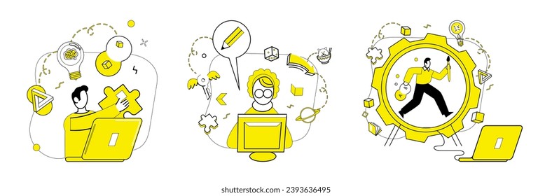 Creative process vector illustration. Imagination propels creative method, crafting nonstandard masterpieces Intelligence and intellect navigate labyrinth evolving creative process