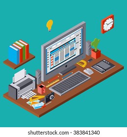 Creative process, web design graphic, website development flat 3d isometric vector concept illustration