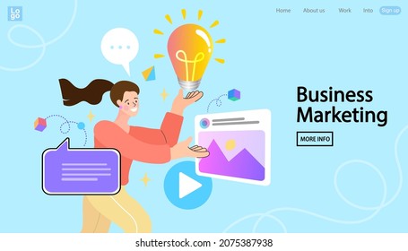 creative process workflow. Digital marketing team with light bulb. Social media platform, online social communication. business innovation, goal achievement. Flat vector illustration for website.