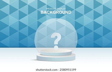 Creative product Banner. Modern product display vector with a sleek podium, transparent dome, and blue geometric background, ideal for advertising, presentations, and creative marketing designs.