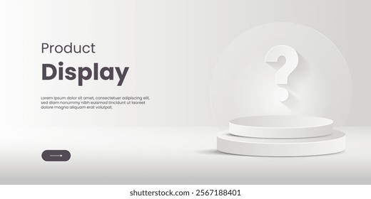 Creative product display banner. Minimal vector podium design in white and light gray tones with a question mark icon. Perfect for product placement, banners, promotions, or abstract displays.