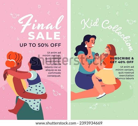 Creative products for your children. Final sale with 50 percent discount on educational, developmental games. Fashionable and stylish clothes. Promotional banner or advertisement, vector in flat style