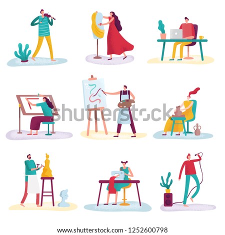 Creative profession artist. Artistic people art sculptor, artisan painter and fashion designer. Creators artists, artist with painting canvas or sculptor craftsman isolated vector icons set