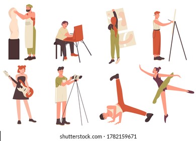 Creative profession artist people vector illustration set. Cartoon flat artistic characters, art sculptor craftsman or artisan painter creator, musician and dancer in dance pose isolated on white