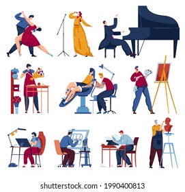 Creative profession for artist set, vector illustration. Flat man woman character isolated on white, artistic painter, person couple dancer