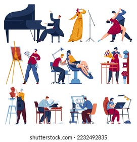 Creative profession for artist vector illustration. Flat man woman character isolated on white, artistic painter, person couple dancer, florist, tatoo master, engineer architect