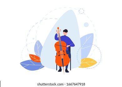 Creative profession, hobby, musician concept. Man, boy musician with contrabass playing in orchestra. Concert with musical instrument. Art image of creative occupation, lifestyle, hobby. Flat vector