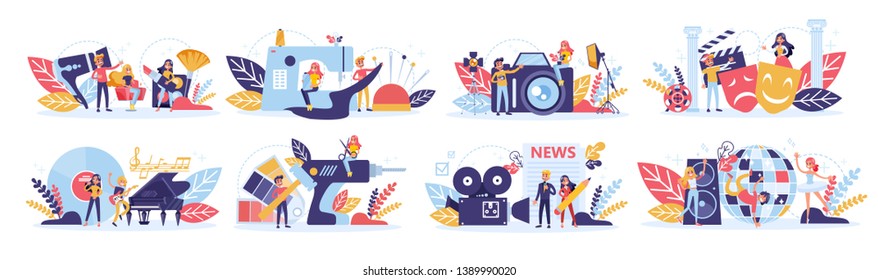 Creative Profession and occupation set. Young people as professional workers. Music, theater and photography. Isolated vector cartoon illustration