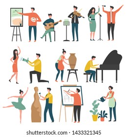 Creative profession. Stylized characters of creative peoples artists sculptors draws actors vector colored pictures. Illustration of sculptor and artist, profession musician