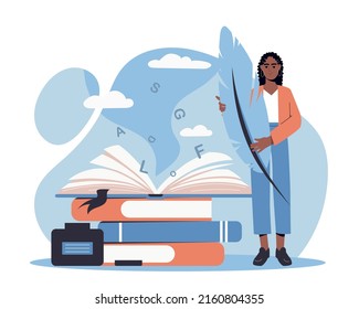 Creative profession of writer. Young smiling woman author of literature, novels and articles holds feather and stands next to stack of books. Creating poem to read. Cartoon flat vector illustration