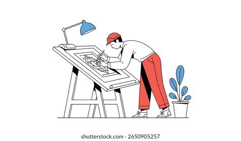 Criativo arquiteto profissional designer trabalhando diligentemente em plantas em uma mesa de desenho de cavalete