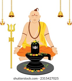 Creative and professional design of the Indian priest panditji meditating and chanting Om namah shivaya in front of the Shiva linga.