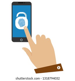Creative and professional design of smart mobile phone, hand and the lock icon and the finger print on the screen. It is like the finger scanning on the smart phone to unlock it.