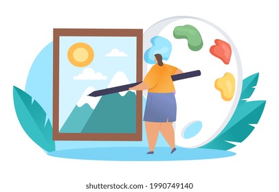 Creative professional graphic designer painter practicing new skills. Workspace in art studio. Flat abstract metaphor cartoon vector illustration concept design isolated on white background.