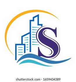 Creative and professional logo design of the letter S with some buildings and waters waves in a unique style.