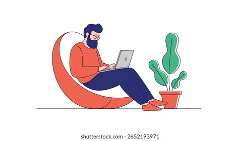 Creative professional man working on laptop computer while sitting in crescent moon shape and enjoying natural surroundings with potted plant nearby illustrating remote work lifestyle