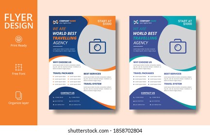 Creative Professional Orange and Blue Travel Agency Flyer Design