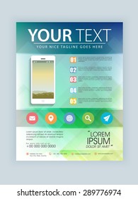 Kreatives professionelles Template-, Banner- oder Flyer-Design mit Smartphone und verschiedenen Funktionsdetails für Ihre Geschäftspräsentation.