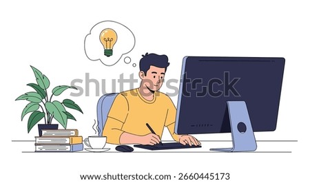 Creative professional working on digital art project with new idea illuminated by lightbulb overhead concept