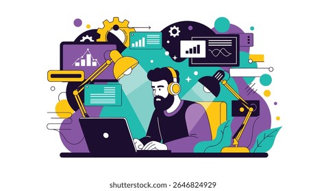 Creative Professional Working on Laptop with Headphones Amidst Digital Workspace and Abstract Elements Demonstrating Productivity and Innovation
