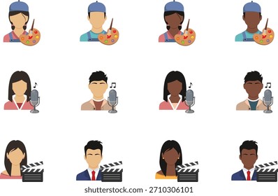 Profesionales creativos: artista, actor, cantante. Ilustración vectorial de estilo plano.