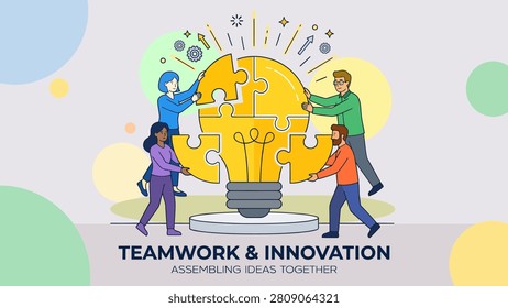 Creative professionals collaborating around a glowing light bulb and puzzle pieces to represent innovation, teamwork, brainstorming, and business development.