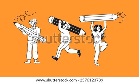 Creative professionals holding oversized pencils linear icons collection. Inspired artists and writers doodle characters on orange background