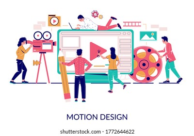 Creative professionals team animators, designers creating animated movie, vector flat illustration. Animation and motion graphics studio, animation industry.