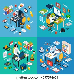 Creative professionals workplaces 4 isometric icons square with computer maintenance programmer web developer abstract vector isolated illustration