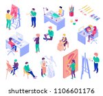 Creative professions artist, potter, graphic designer, sculpture master, set of isometric people isolated vector illustration  
