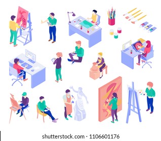 Creative professions artist, potter, graphic designer, sculpture master, set of isometric people isolated vector illustration  