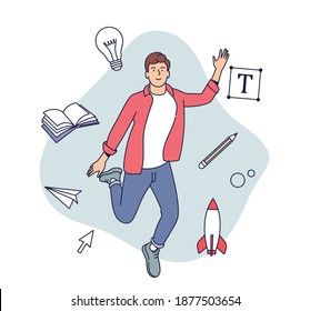 Creative Professions Konzept. Männlicher Designer, Illustrator oder freiberuflicher Mitarbeiter, der in den kreativen Prozess eingebunden ist. Flache Vektorgrafik.