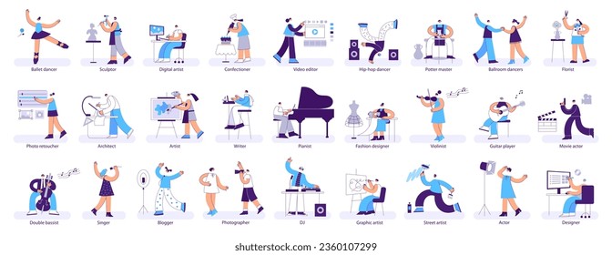 Creative professions. Geometric cartoon musicians, artists and designer characters. Art industry workers isolated vector illustration set. florist, writer, hip hop and ballet dancers