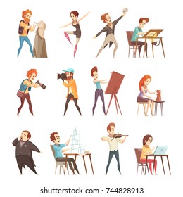 Creative professions people retro cartoon icons set with artist designer sculptor photographer actor dancer isolated vector illustrations 