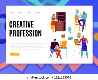 Creative professions web banner with graphic designer painter master of sculpture and renovator of furniture vector illustration