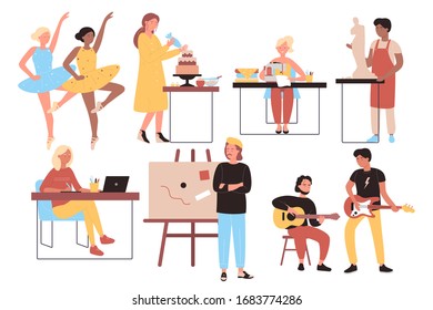 Creative professions and works set flat design vector illustration isolated on white background. Occupation characters. Dancer, sculptor, musician, artist, designer, tailor, culinary specialist