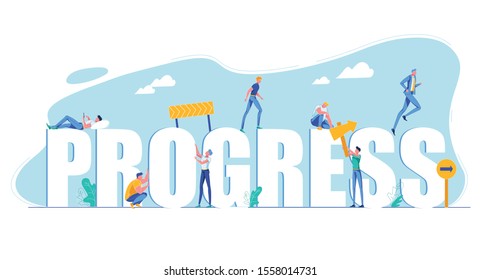 Creative Progress Capital Letters with Tiny People. Man with Road Signs as Metaphor Straight Direction to Success and Development. Flat Design Cartoon. Businesspeople Motivational Illustration
