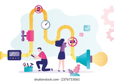 Creative project generation process. Business people or co-founders work with idea generator pipeline and pipe system with bright light bulb to generate and control startup innovation. flat vector