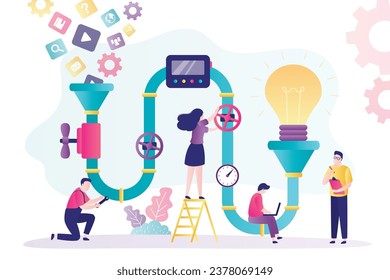 Creative project generation process. Business people or co-founders work with idea generator pipeline and pipe system with bright light bulb to generate and control startup innovation. flat vector