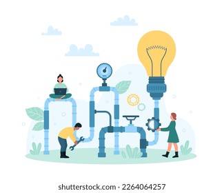 Creative project generation process vector illustration. Cartoon tiny people work with idea generator pipeline and pipe system with bright light bulb to generate and control startup innovation