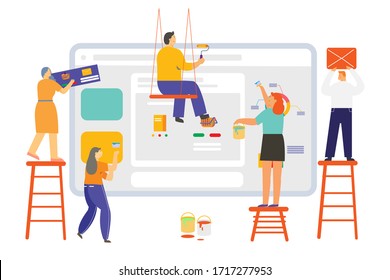 Creative project teamwork. People are building a business  on the Internet. Collective performance of tasks design concept