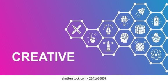 Creative promotion icons banner. Innovation, startup, artwork, project, idea illustration. Web banner layout template.