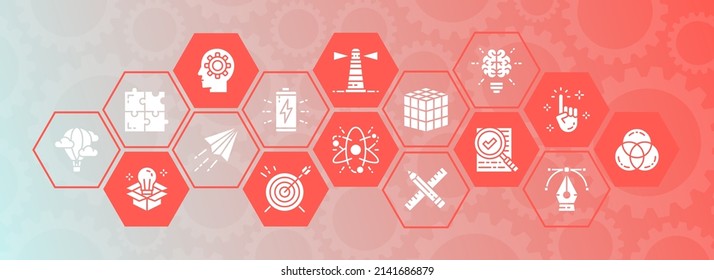 Creative promotion icons banner. Innovation, startup, artwork, project, idea vector illustration for business cover, banner, brochure design.