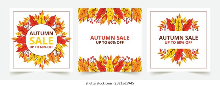 Creative promotion templates. Colorful fall leaves trendy design for flyers, retail coupon, seasonal sale lettering discount banners. Floral wreath set isolated on white. Space for text autumn sale 