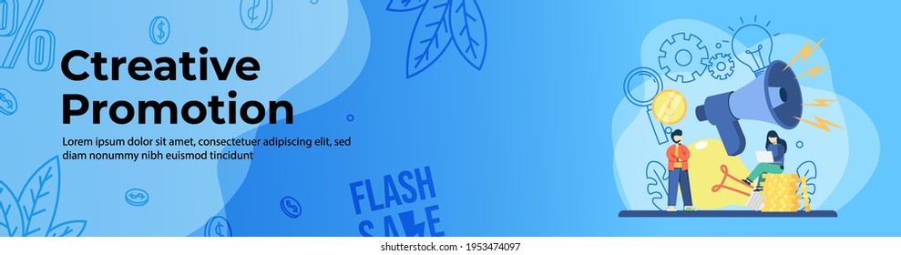 Creative Promotion Web Banner Design. A man and woman think creative idea to promotion. E-Commerce, Online Shopping header or footer banner.