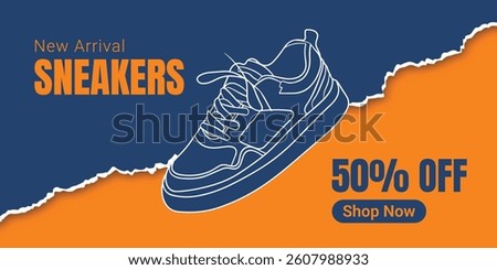 Creative promotional banner for sneaker brand. Sneakers in abstract background. Shoes sale banner for social media post. Shoe on sale slider for e-commerce, websites or social media. Readymade banner